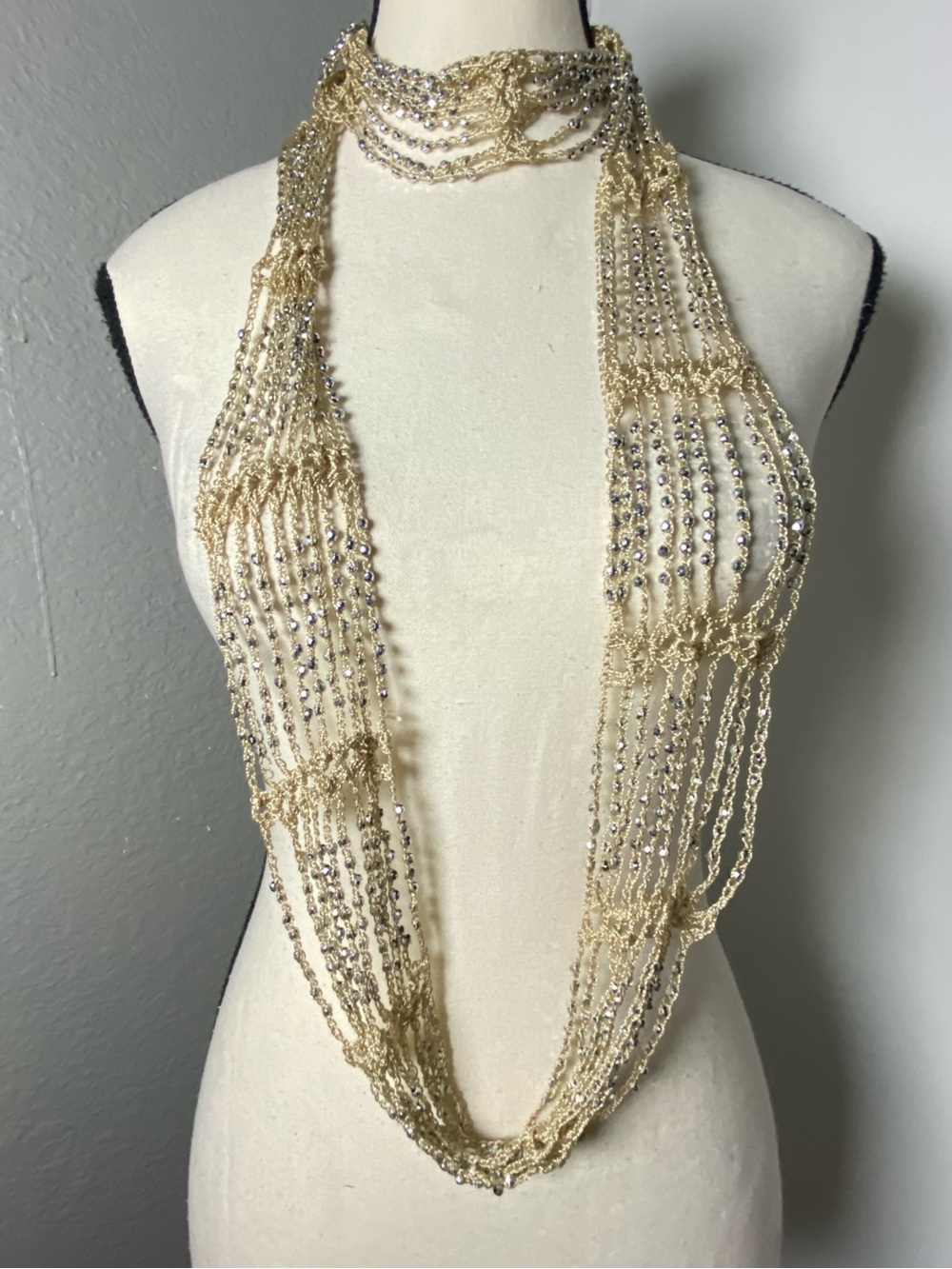 Y2K Tan Crochet Beaded Infinity Skinny Scarf